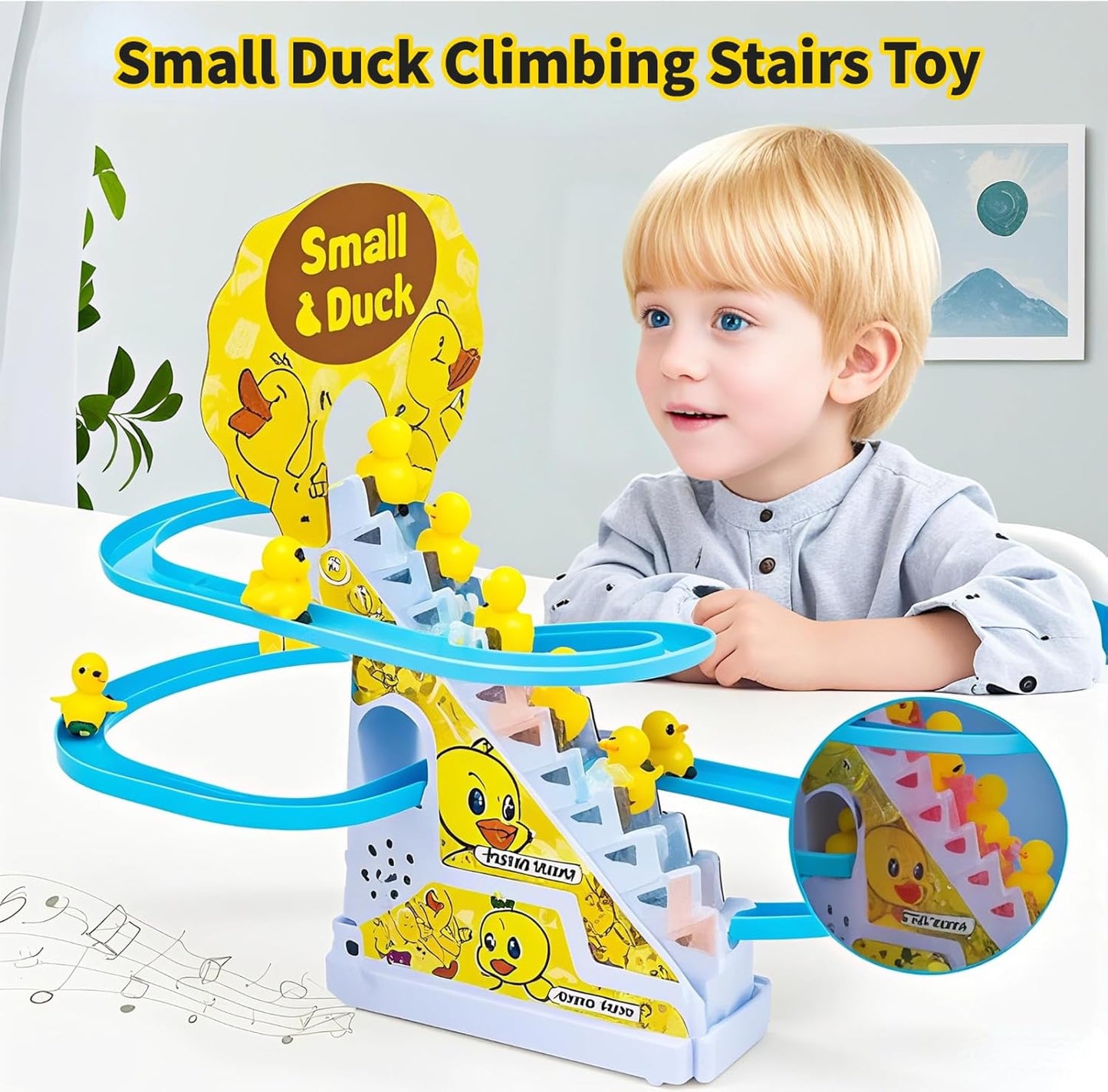 Small Ducks Climbing Toys,Electric Little Duck Climbing Stairs Toy,Roller Coaster Toy Set with LED Flashing Lights & Music,Duck Track Slide Toy Gift for Toddlers Kids Age 3