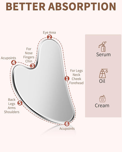 Stainless Steel Gua Sha Facial Tools, Tighten Skin Massage Guasha Beauty Tool, Metal Guasha Tool for Face, Face Massager Tool for Body Eyes Neck (Silver)