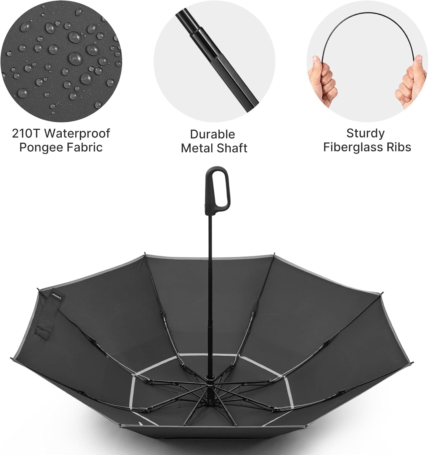 46Inch Ring Buckle Umbrella, Inverted Design with Carabiner Handle, Compact Travel Umbrella with Reflective Strip, Automatic Windproof for Rain