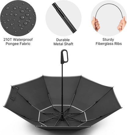 46Inch Ring Buckle Umbrella, Inverted Design with Carabiner Handle, Compact Travel Umbrella with Reflective Strip, Automatic Windproof for Rain