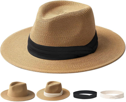 Panama Hat Sun Hats for Women Men Wide Brim Fedora Straw Beach Hat UV UPF 80+