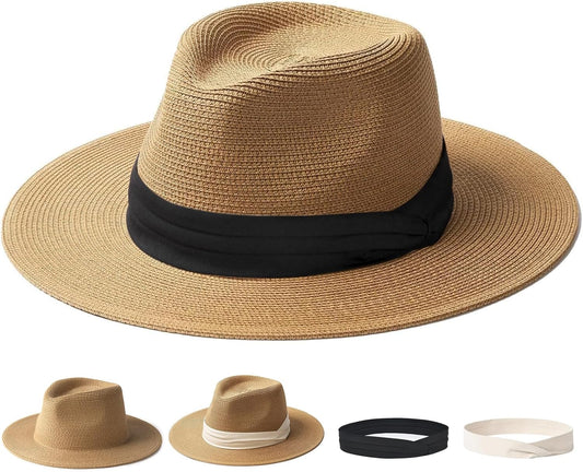 Panama Hat Sun Hats for Women Men Wide Brim Fedora Straw Beach Hat UV UPF 80+