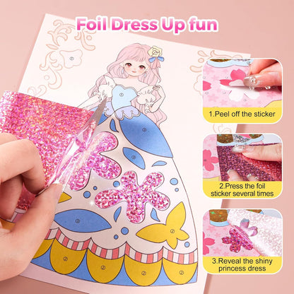 4 in 1 Princess Art Craft Kits, Foil Crafts Art Fun & Gem Painting, Makeup Diamond DIY Activity, Dress up Sticker Books,Travel Toys, Ideal Toys for Girls Ages 6 7 8+ Years Old