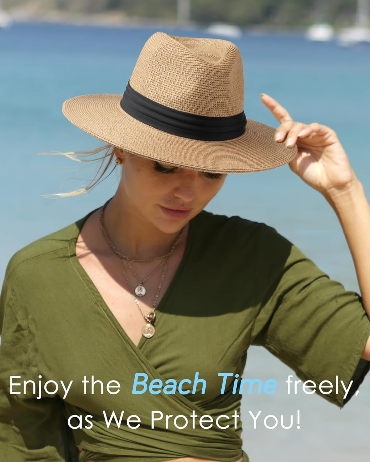 Panama Hat Sun Hats for Women Men Wide Brim Fedora Straw Beach Hat UV UPF 80+