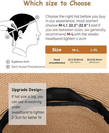Panama Hat Sun Hats for Women Men Wide Brim Fedora Straw Beach Hat UV UPF 80+