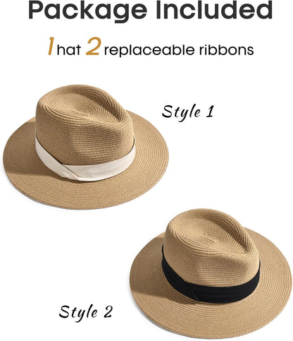 Panama Hat Sun Hats for Women Men Wide Brim Fedora Straw Beach Hat UV UPF 80+