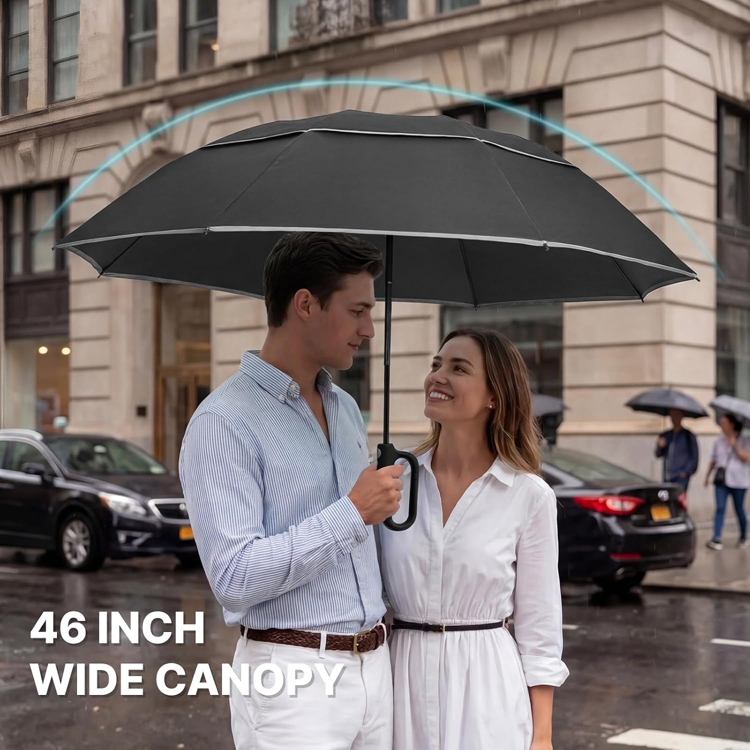 46Inch Ring Buckle Umbrella, Inverted Design with Carabiner Handle, Compact Travel Umbrella with Reflective Strip, Automatic Windproof for Rain