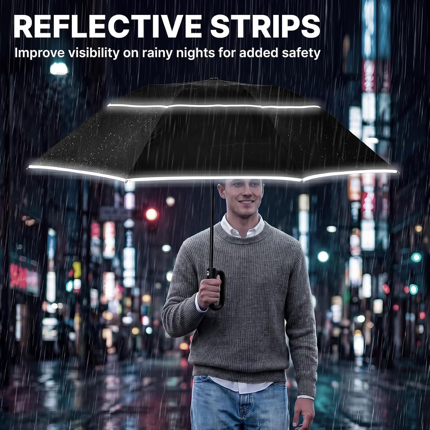46Inch Ring Buckle Umbrella, Inverted Design with Carabiner Handle, Compact Travel Umbrella with Reflective Strip, Automatic Windproof for Rain