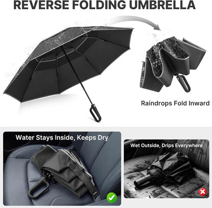 46Inch Ring Buckle Umbrella, Inverted Design with Carabiner Handle, Compact Travel Umbrella with Reflective Strip, Automatic Windproof for Rain