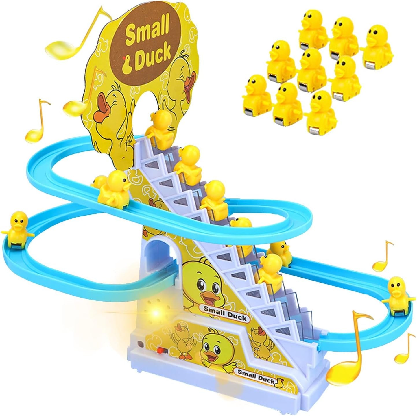 Small Ducks Climbing Toys,Electric Little Duck Climbing Stairs Toy,Roller Coaster Toy Set with LED Flashing Lights & Music,Duck Track Slide Toy Gift for Toddlers Kids Age 3