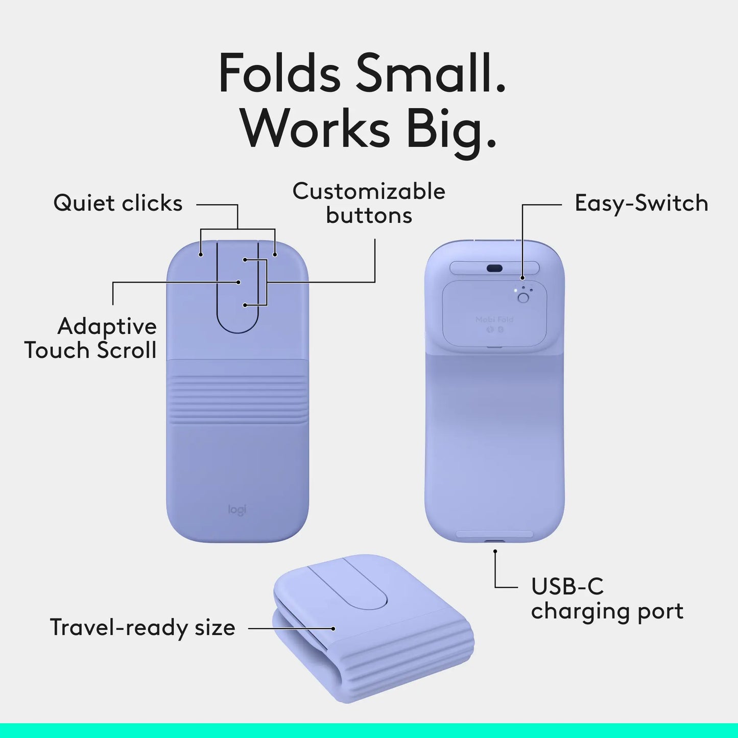 Logitech Mobi Fold, Ultra-Portable Travel Mouse, Small and Light, Touch Scroll, Quiet Clicks, 4K DPI, Bluetooth, for Windows PC, Mac, Chromebook, Android, Ipad