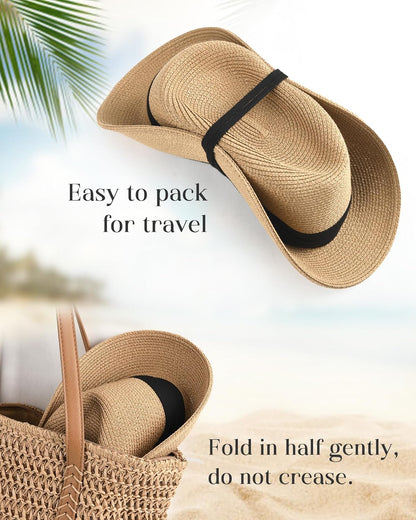 Panama Hat Sun Hats for Women Men Wide Brim Fedora Straw Beach Hat UV UPF 80+