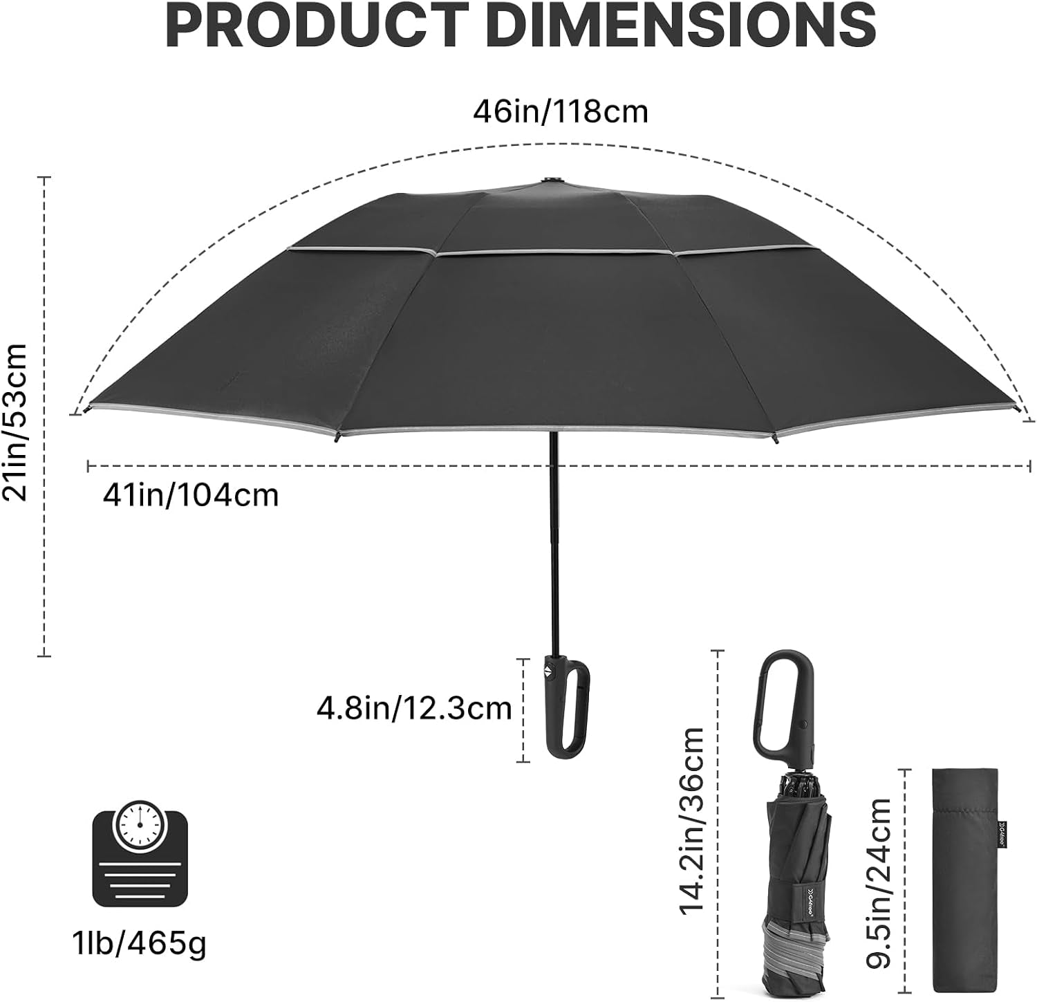 46Inch Ring Buckle Umbrella, Inverted Design with Carabiner Handle, Compact Travel Umbrella with Reflective Strip, Automatic Windproof for Rain
