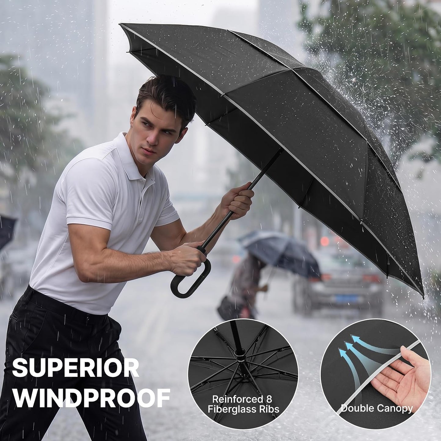 46Inch Ring Buckle Umbrella, Inverted Design with Carabiner Handle, Compact Travel Umbrella with Reflective Strip, Automatic Windproof for Rain