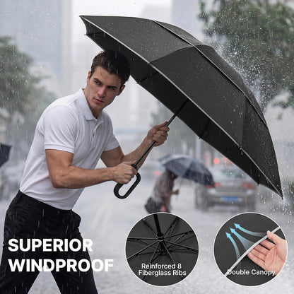 46Inch Ring Buckle Umbrella, Inverted Design with Carabiner Handle, Compact Travel Umbrella with Reflective Strip, Automatic Windproof for Rain