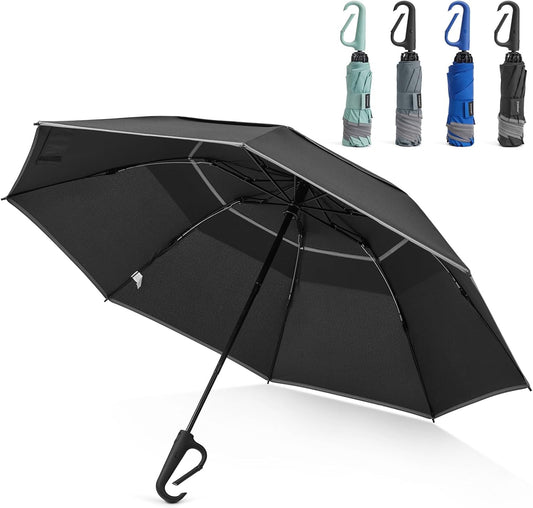 46Inch Ring Buckle Umbrella, Inverted Design with Carabiner Handle, Compact Travel Umbrella with Reflective Strip, Automatic Windproof for Rain