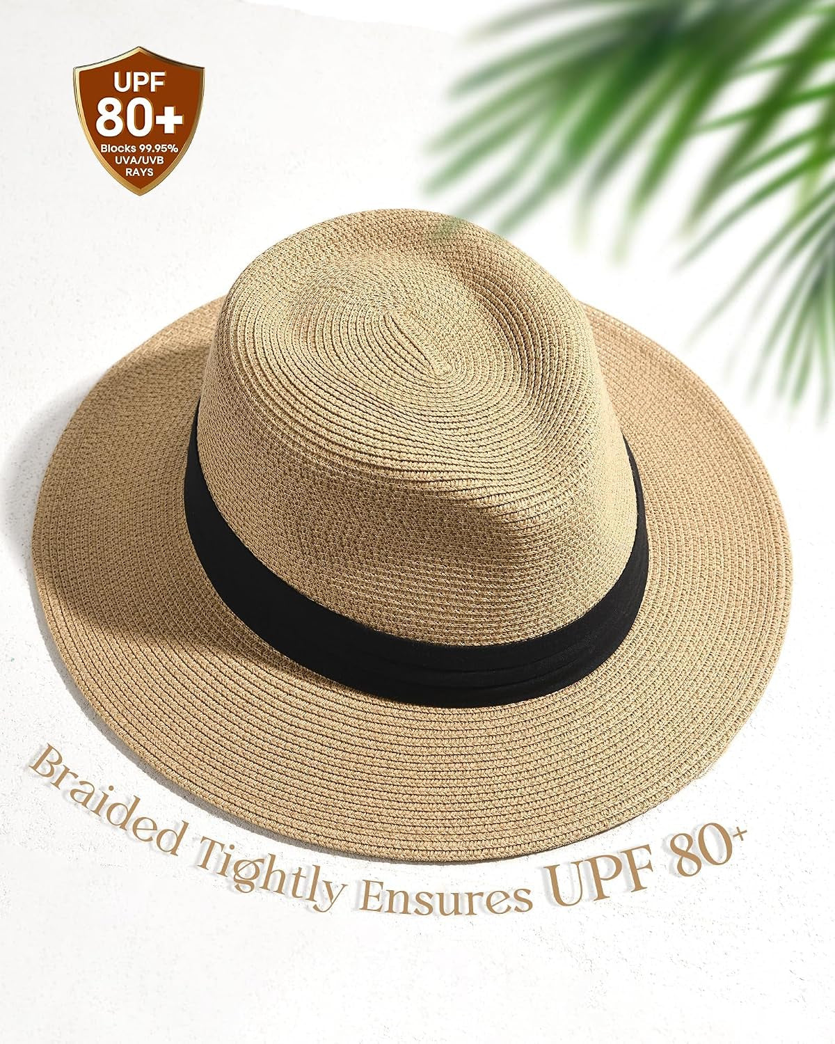 Panama Hat Sun Hats for Women Men Wide Brim Fedora Straw Beach Hat UV UPF 80+