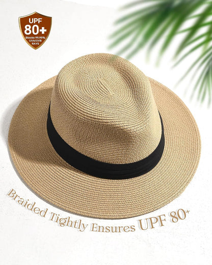 Panama Hat Sun Hats for Women Men Wide Brim Fedora Straw Beach Hat UV UPF 80+
