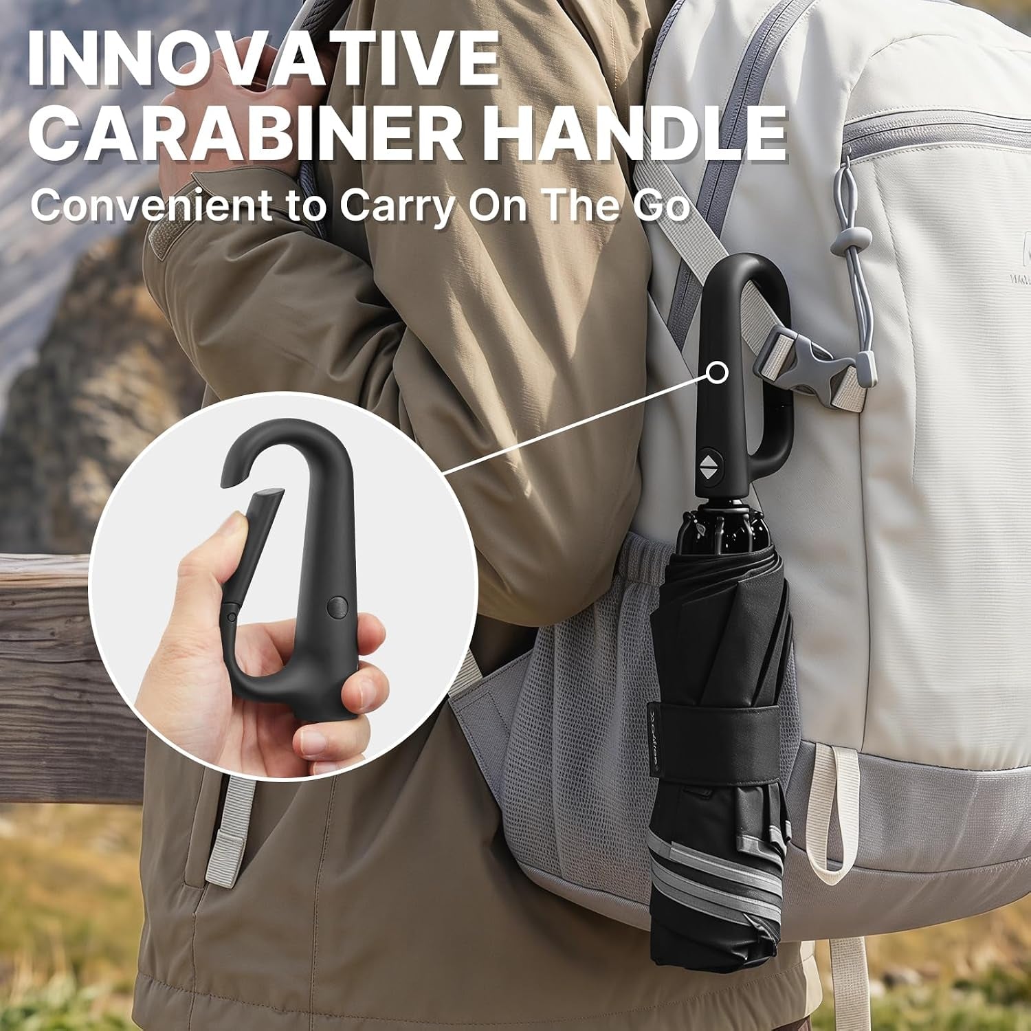 46Inch Ring Buckle Umbrella, Inverted Design with Carabiner Handle, Compact Travel Umbrella with Reflective Strip, Automatic Windproof for Rain